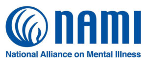 NAMI logo: blue circular abstract emblem to the left and the word 'NAMI' in bold blue letters, with 'National Alliance on Mental Illness' beneath.