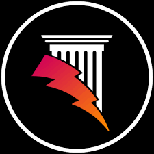 Circular black badge with a white classical column crossed by a diagonal red-orange lightning bolt.